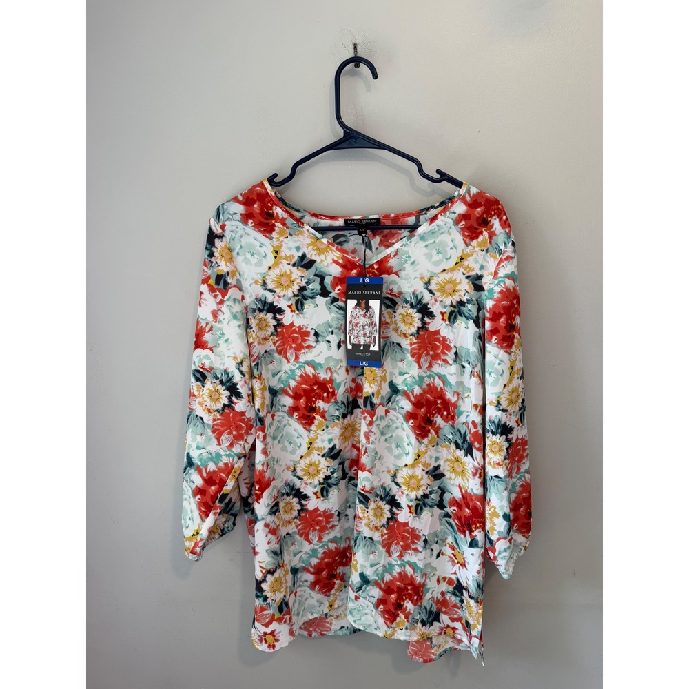 Mario Serrani Italy Womens Floral V-Neck Top Red Orange Teal 3/4 Large NEW